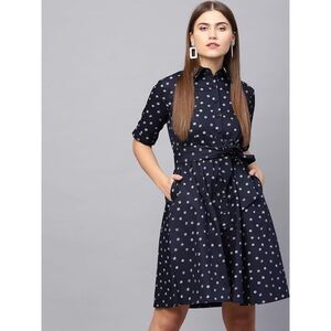 Femella Women's Standard Size M Navy Polka Dot Fit & Flare Midi Shirtdress